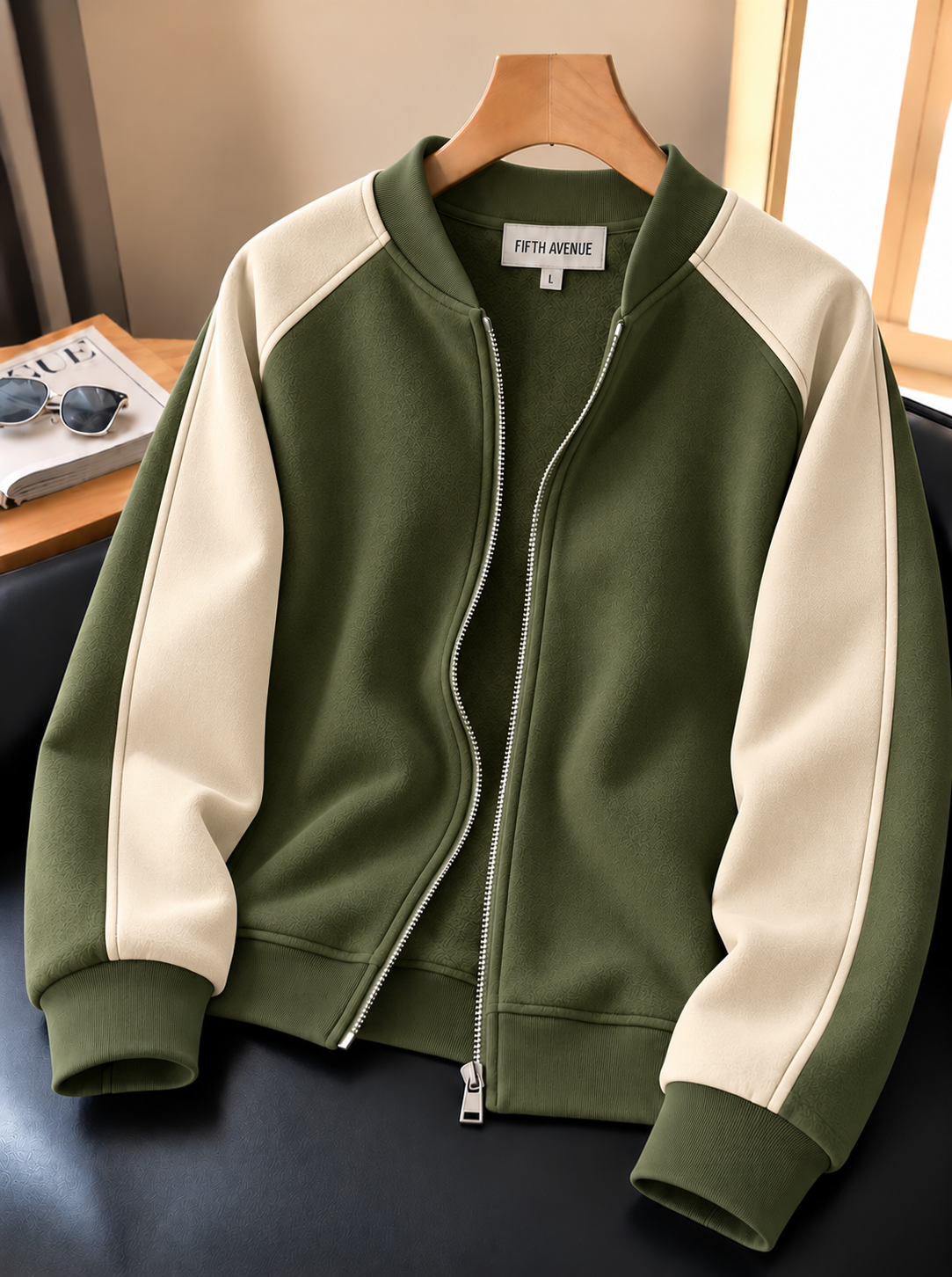Fifth Avenue Mens Zip Up Bomber Jacket JONGL - Green Cream
