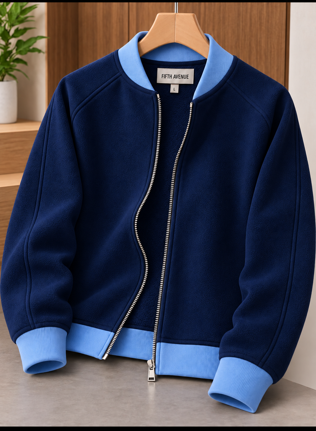 Fifth Avenue Mens Zip Up Bomber Jacket GROLL - Navy Blue Light Blue