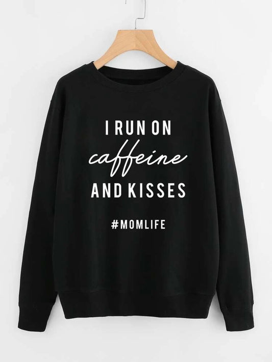 Fifth Avenue DIFT85 Mom Life Kisses Caffeine Printed Sweatshirt - Black