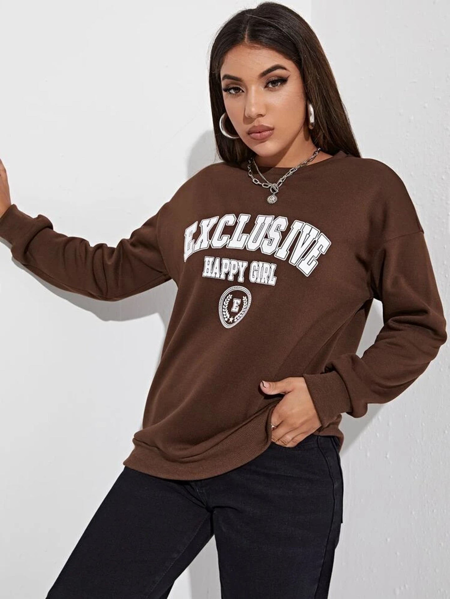 Fifth Avenue DIFT422 Exclusive Happy Girl Printed Sweatshirt - Brown