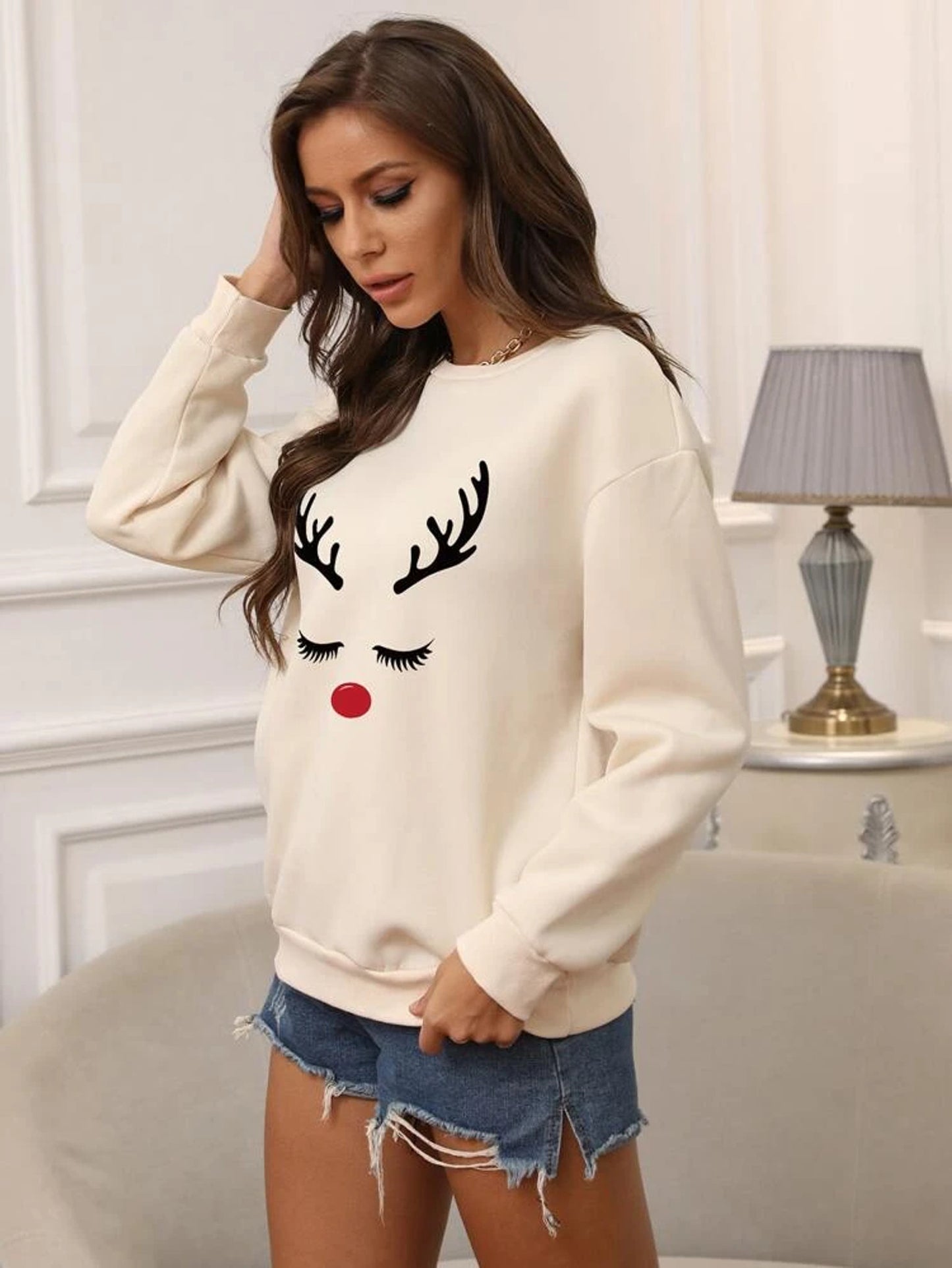 Fifth Avenue DIFT345 Elk Printed Sweatshirt - Cream