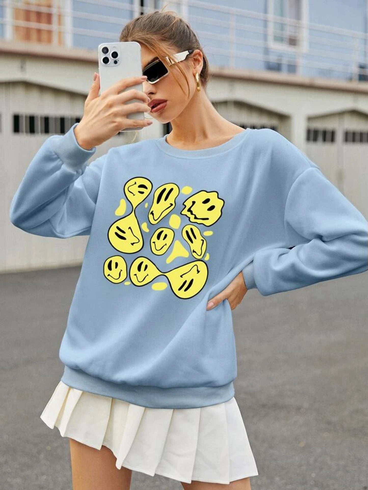 Fifth Avenue DIFT386 Smiley Face Printed Sweatshirt - Light Blue