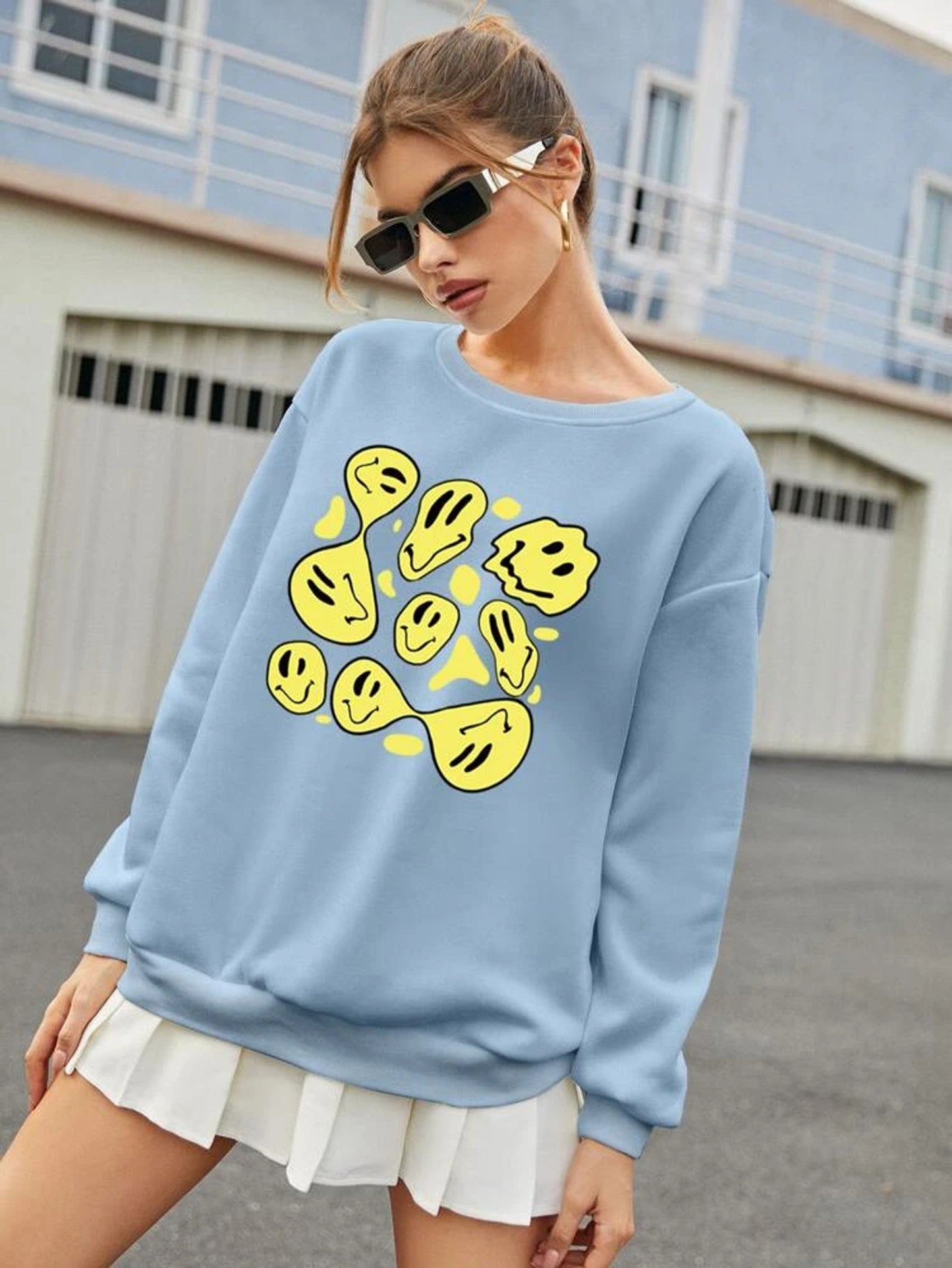 Fifth Avenue DIFT386 Smiley Face Printed Sweatshirt - Light Blue