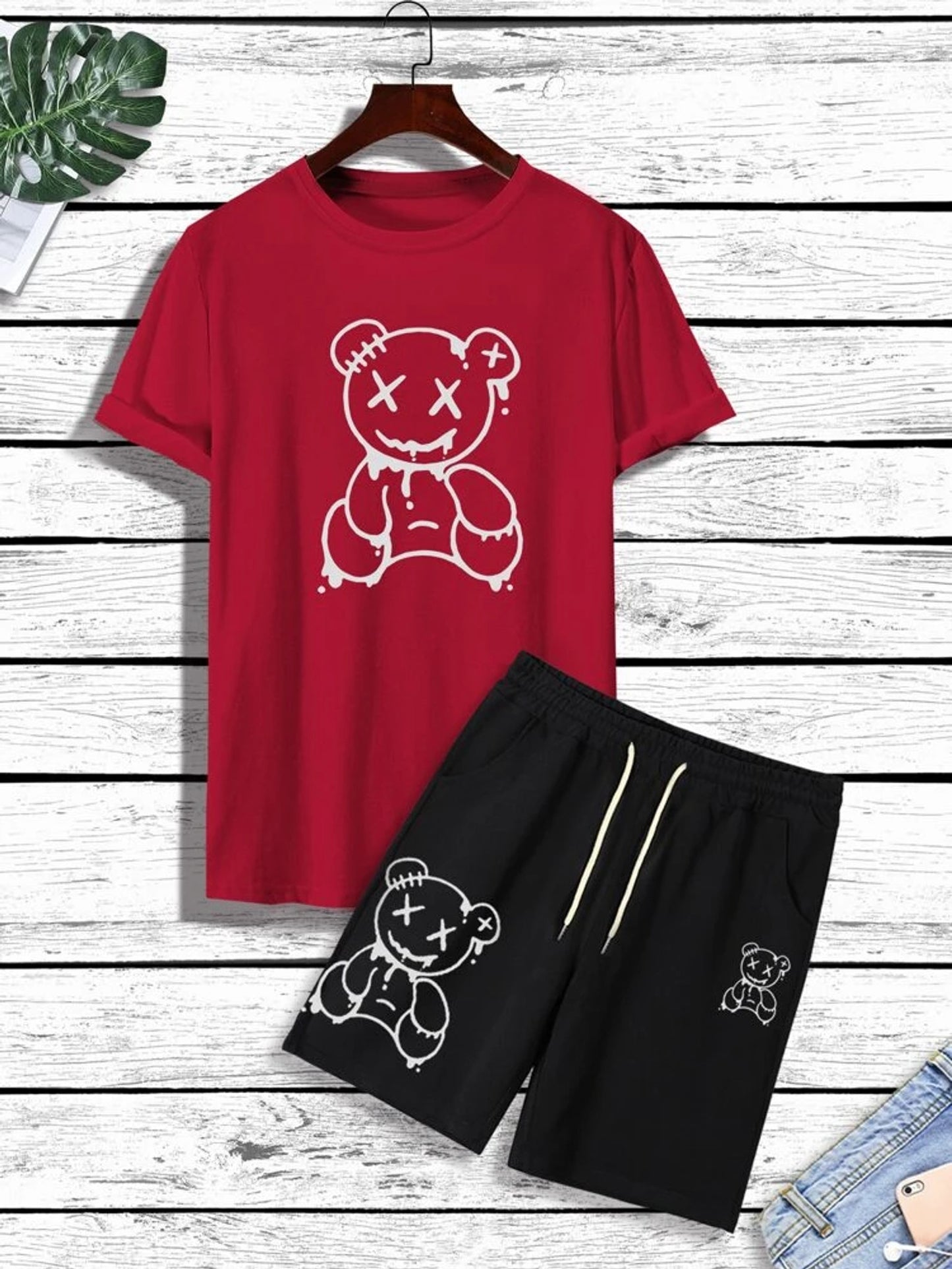 Mens Summer Printed Co Ord Set by Fifth Avenue MSFACSS11 - Maroon Black