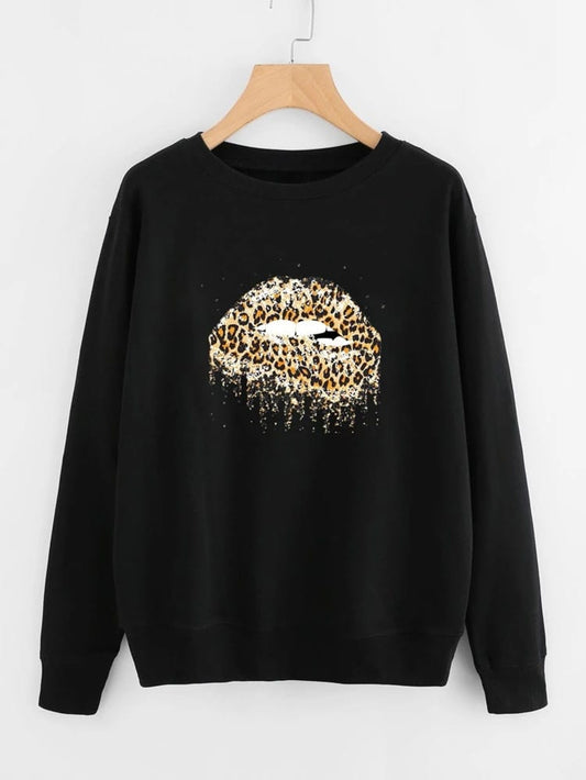 Fifth Avenue DIFT233 Leopard Lips Printed Sweatshirt - Black