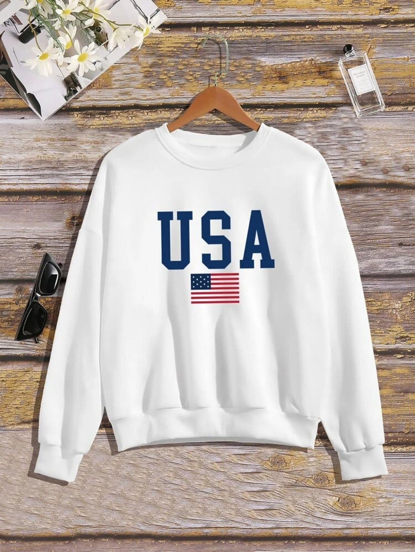 Fifth Avenue DIFT356 USA Flag Printed Sweatshirt - White
