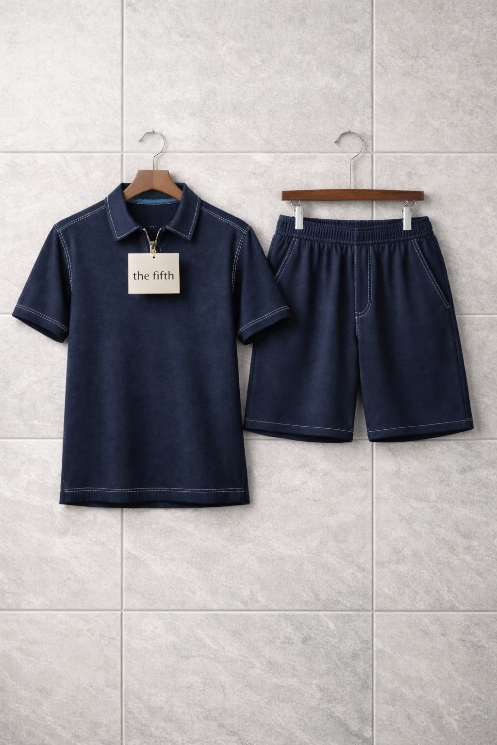 Fifth Avenue Mens Zip Polo Shorts Set - FAMSPSET1 - Navy Blue