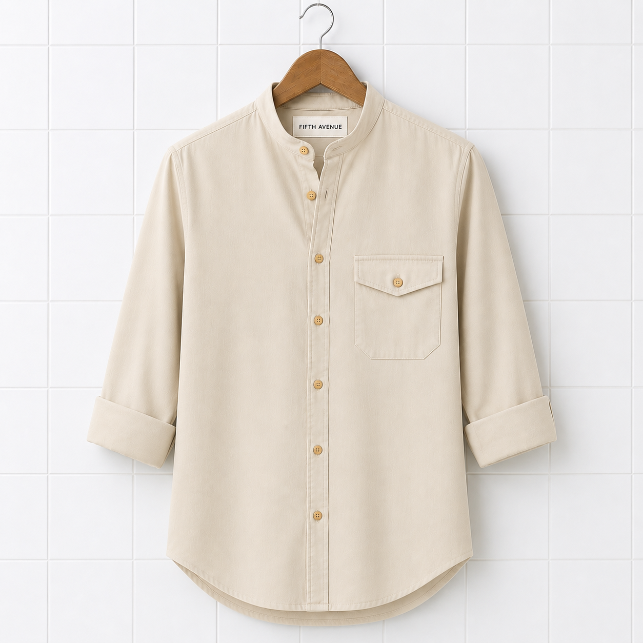 Fifth Avenue Mens Cotton Button Up Pocket Shirt FAMBUSH5 - Cream
