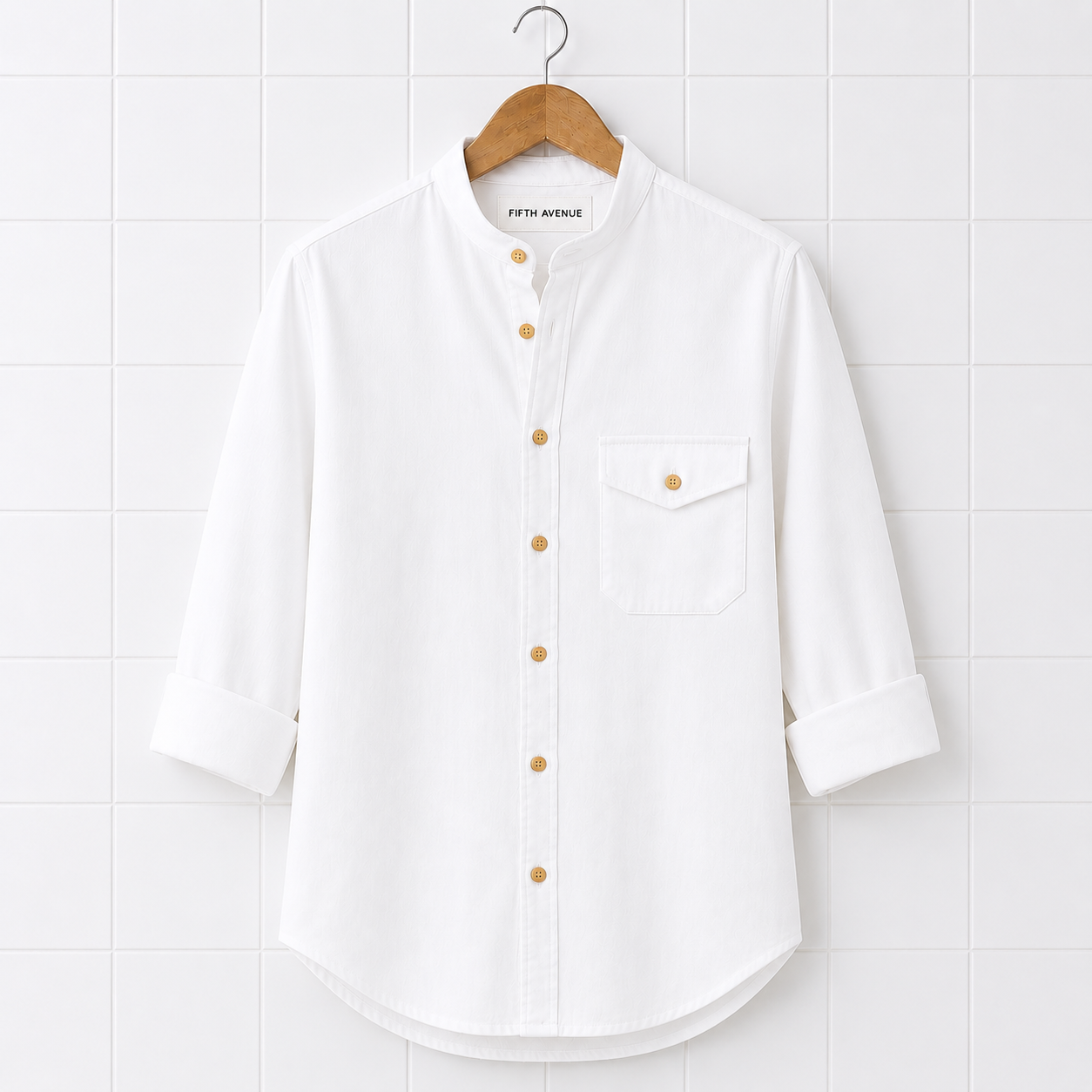 Fifth Avenue Mens Cotton Button Up Pocket Shirt FAMBUSH3 - White