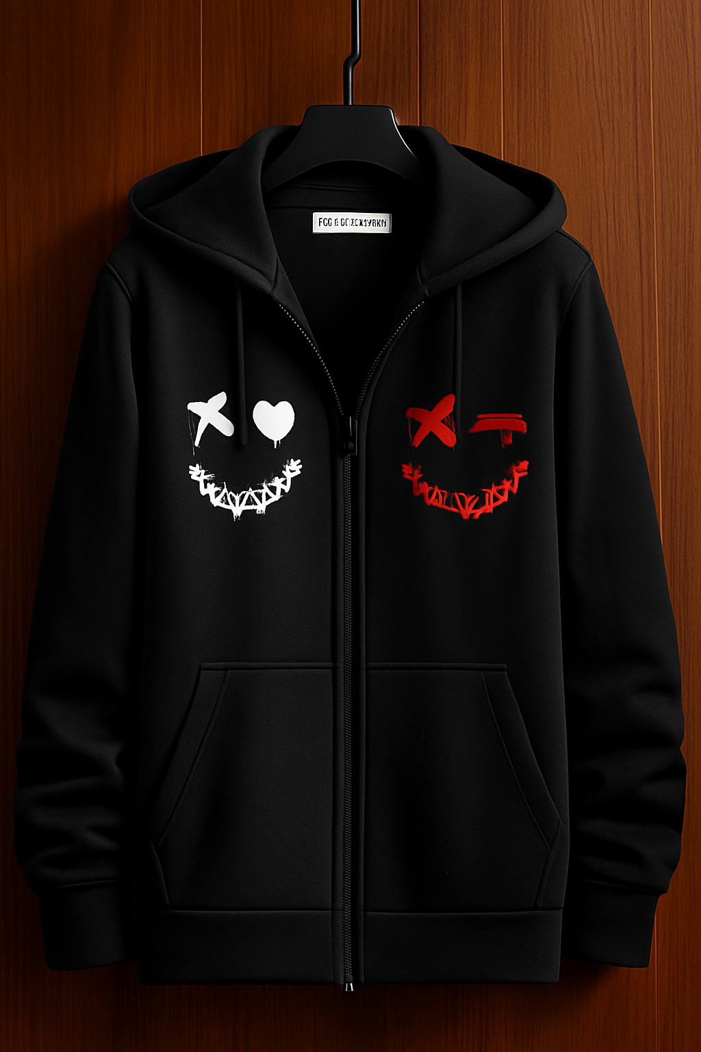 FA5 Printed Zip Kangaroo Hoodie MIR4 - Black