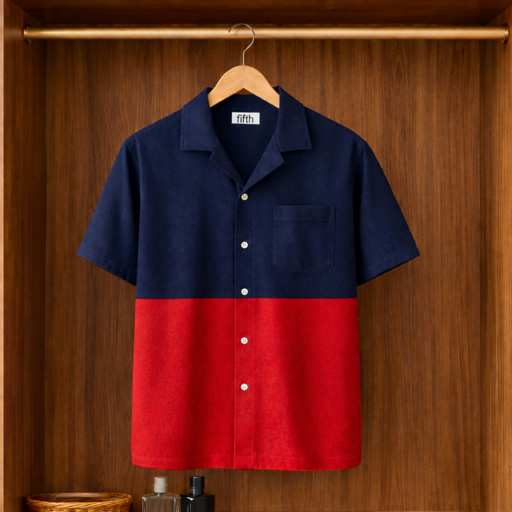 Fifth Avenue Mens Button Up Knitted Cuban Pocket Shirt FABUKCS5 - Navy Blue Red