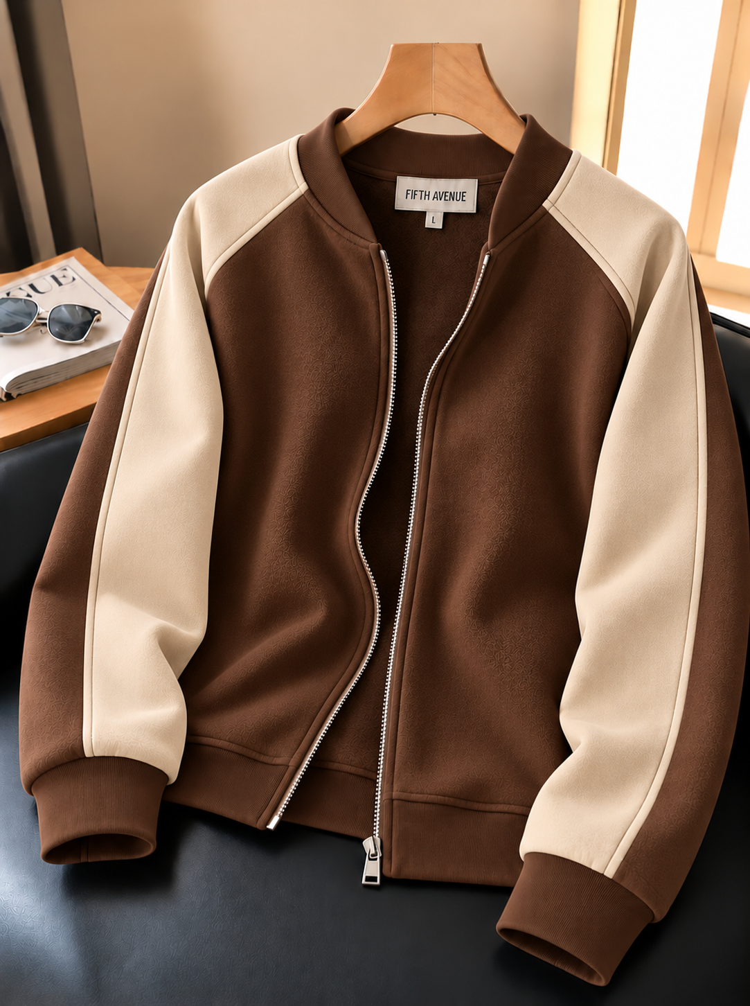 Fifth Avenue Mens Zip Up Bomber Jacket JONGL - Brown Cream