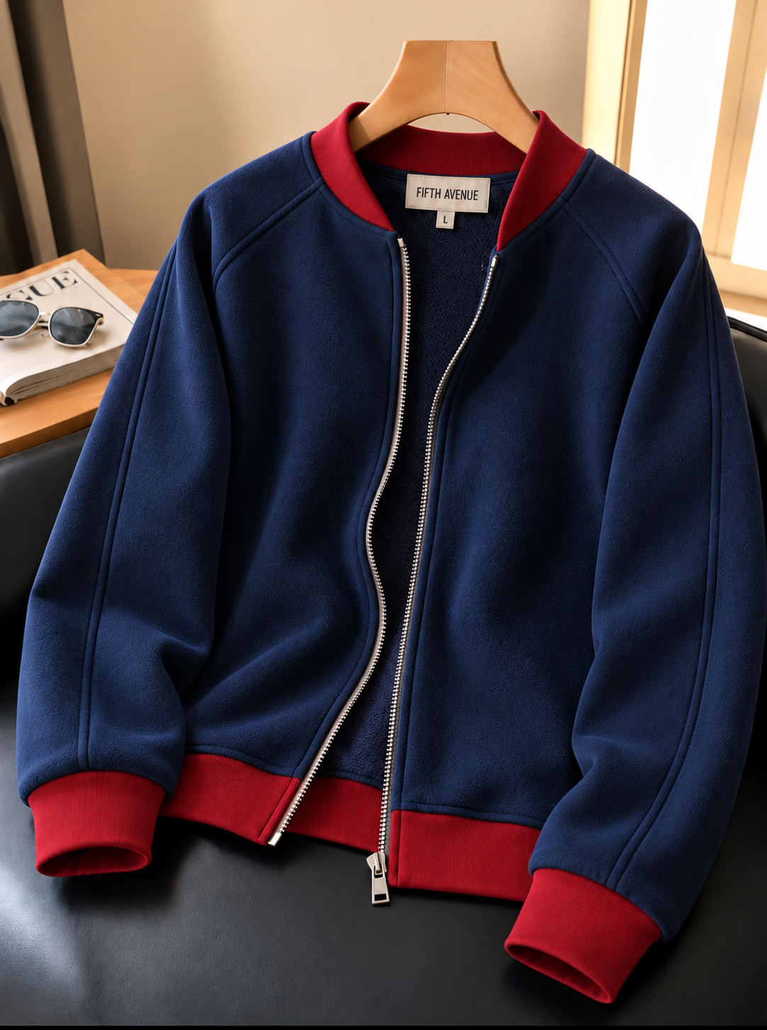 Fifth Avenue Mens Zip Up Bomber Jacket GROLL - Navy Blue Maroon