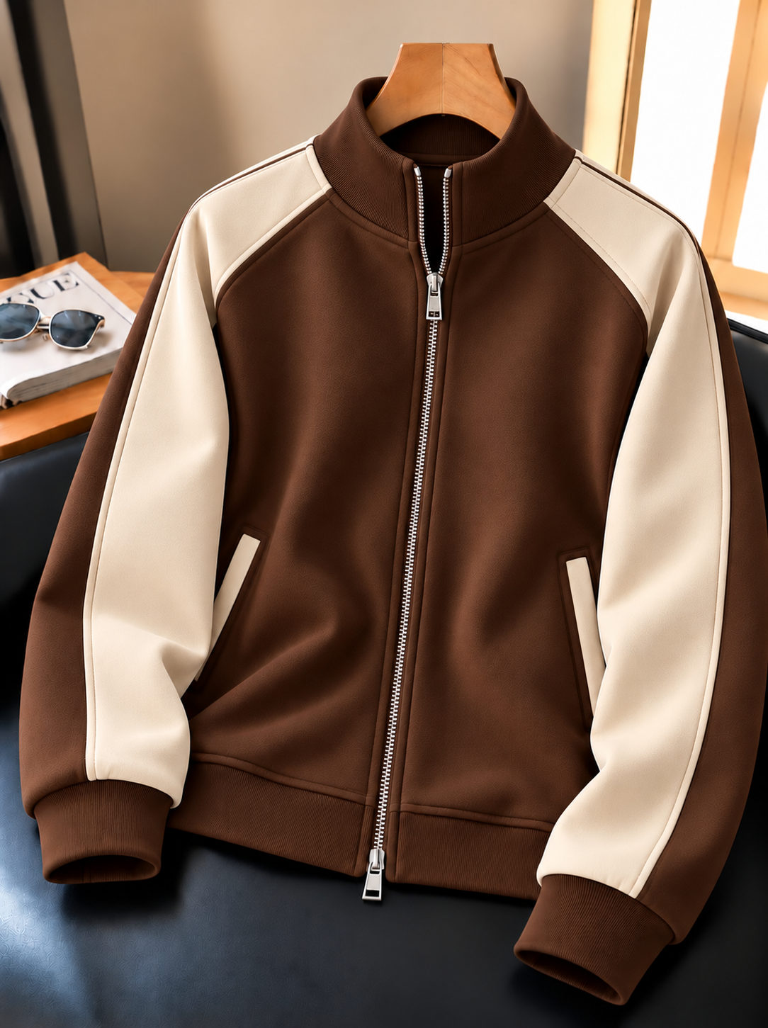 Fifth Avenue Mens Zip Up Bomber Jacket ROZR - Brown Cream