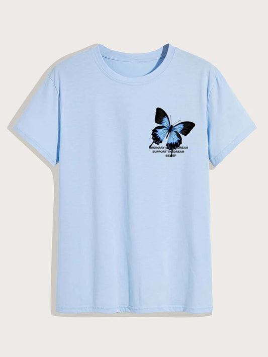 Fifth Avenue Front Back Butterfly Printed MIFT172 T-Shirt - Light Blue