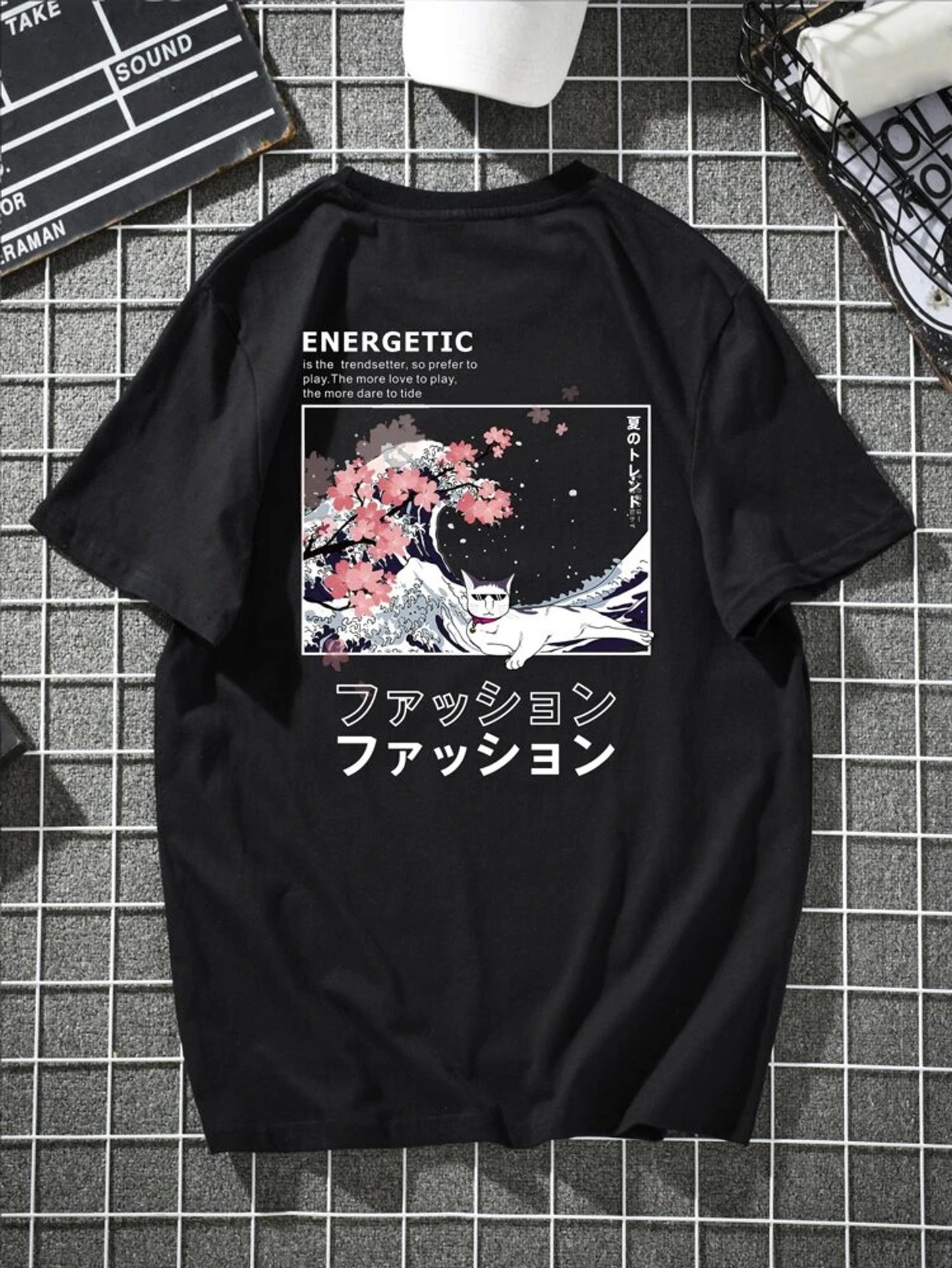 Fifth Avenue Front Back Cat Wave Printed MIFT173 T-Shirt - Black