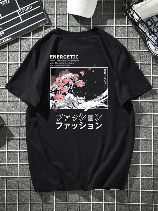 Fifth Avenue Front Back Cat Wave Printed MIFT173 T-Shirt - Black