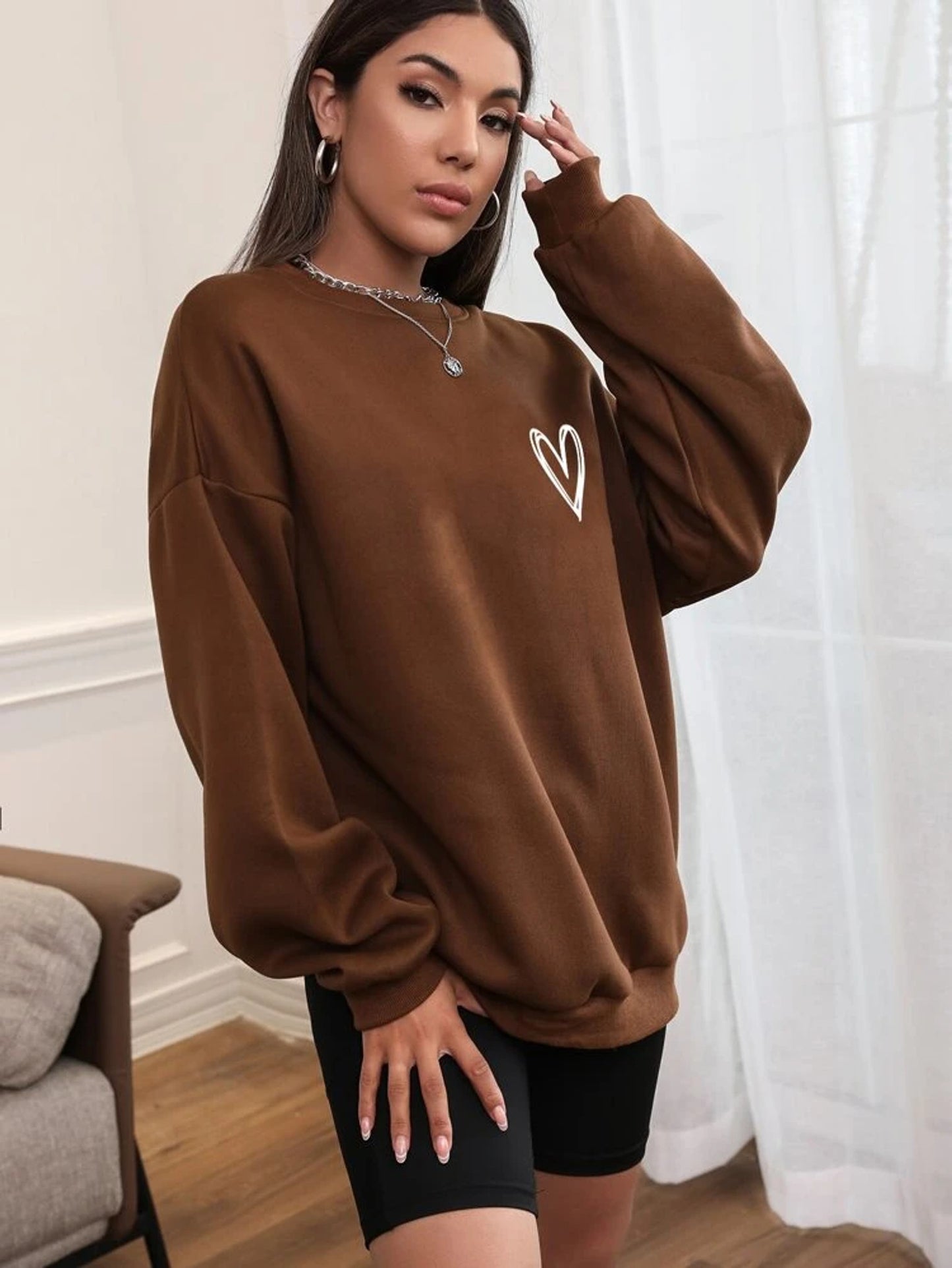 Fifth Avenue DIFT411 Heart Printed Sweatshirt - Brown