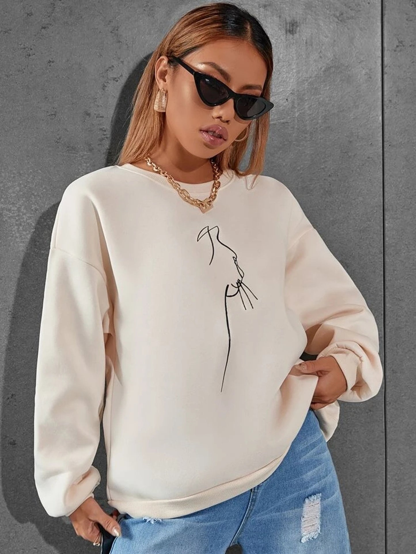 Fifth Avenue DIFT382 Figure Printed Sweatshirt - Cream