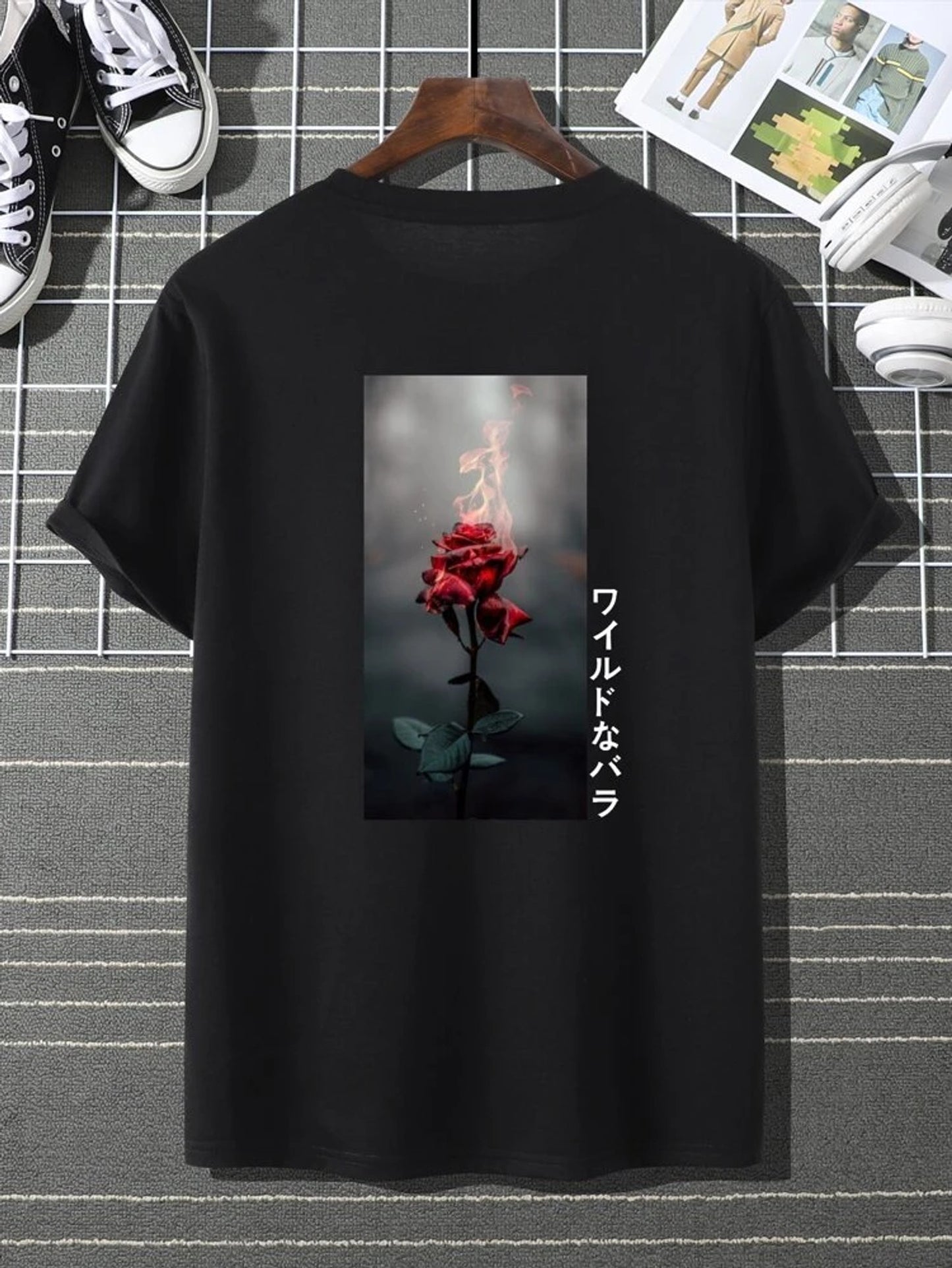 Fifth Avenue Back Floral Text Printed MIFT167 T-Shirt - Black