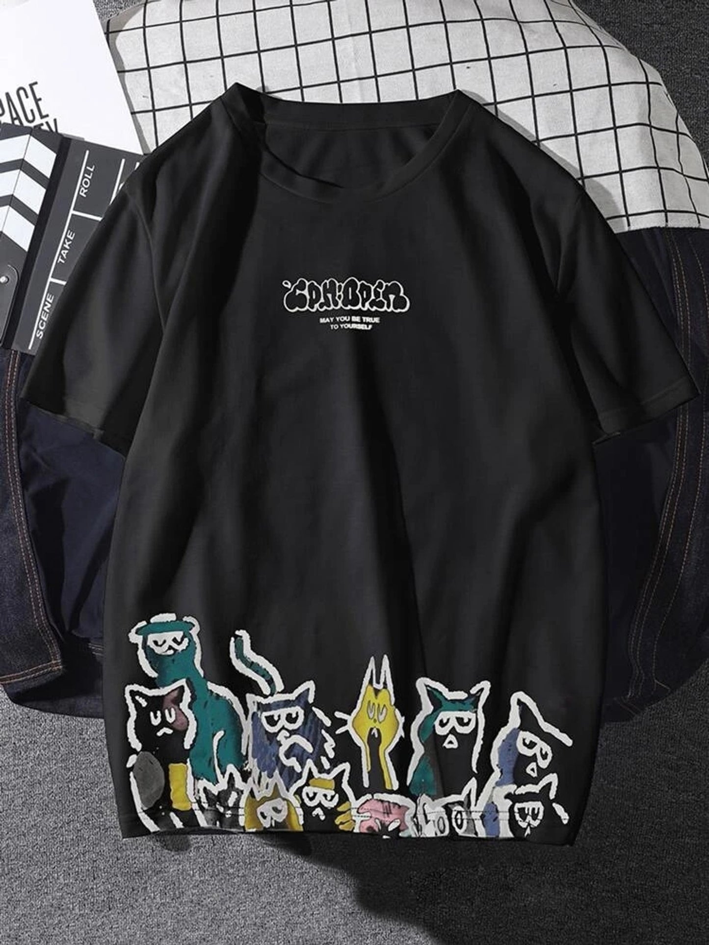 Fifth Avenue Cat Printed MIFT197 T-Shirt - Black