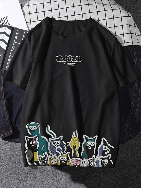 Fifth Avenue Cat Printed MIFT197 T-Shirt - Black