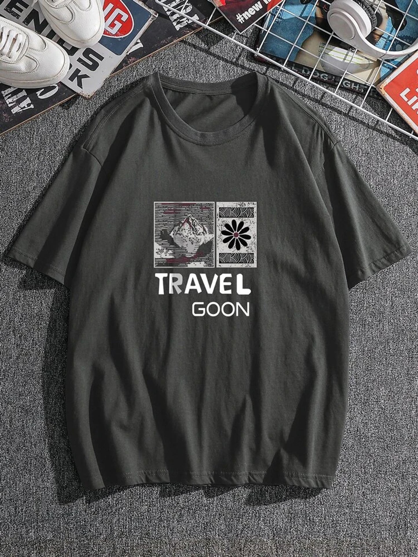 Fifth Avenue Fron Back Travel Goon Printed MIFT92 T-Shirt - Charcoal