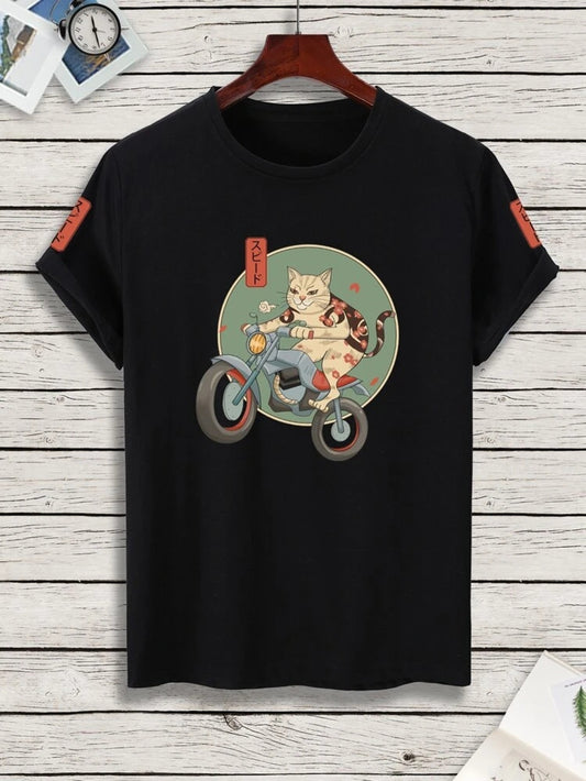 Fifth Avenue Cats Motorcyle Printed MIFT128 T-Shirt - Black