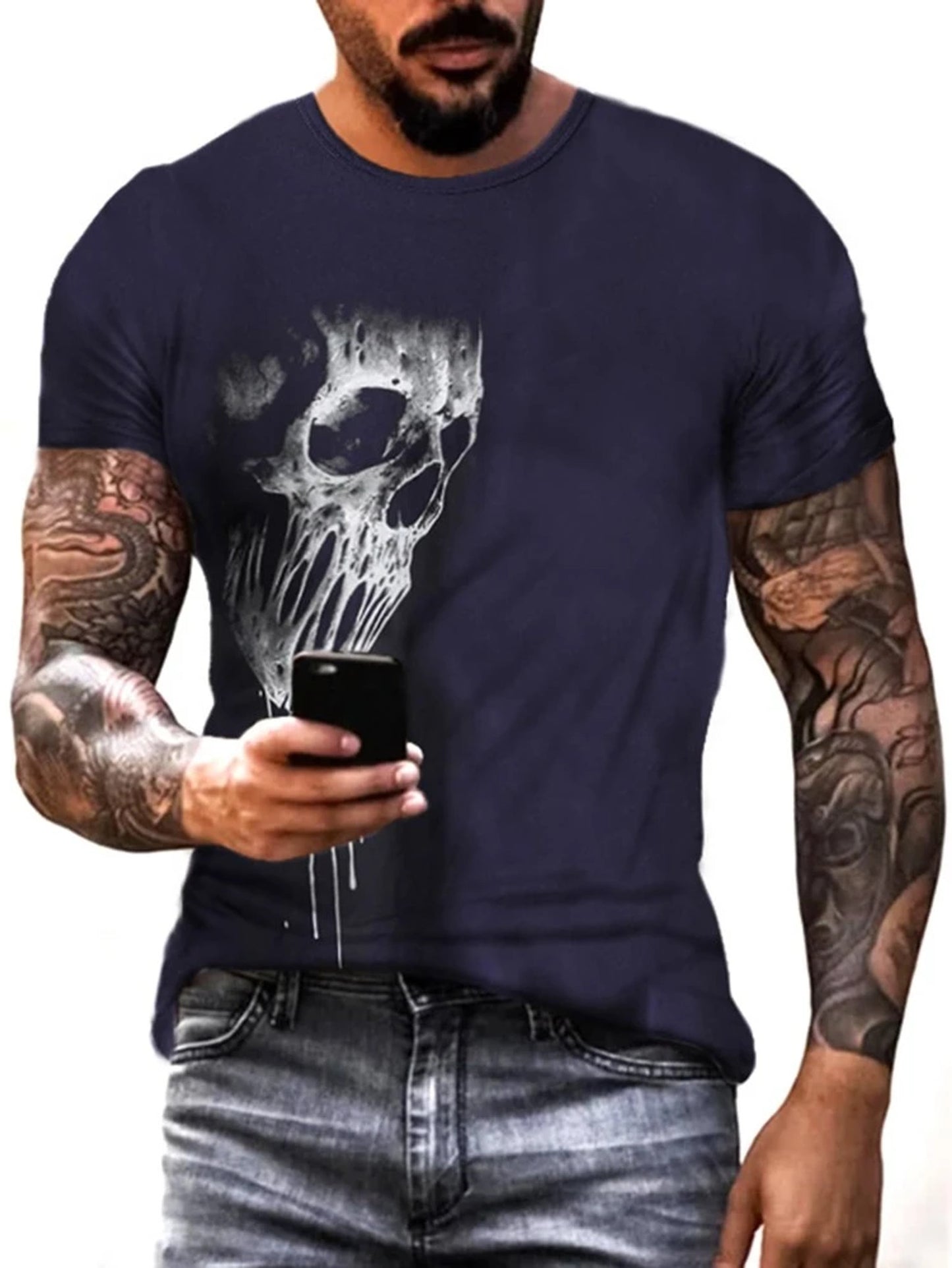 Fifth Avenue Skull Printed MIFT157 T-Shirt - Navy Blue