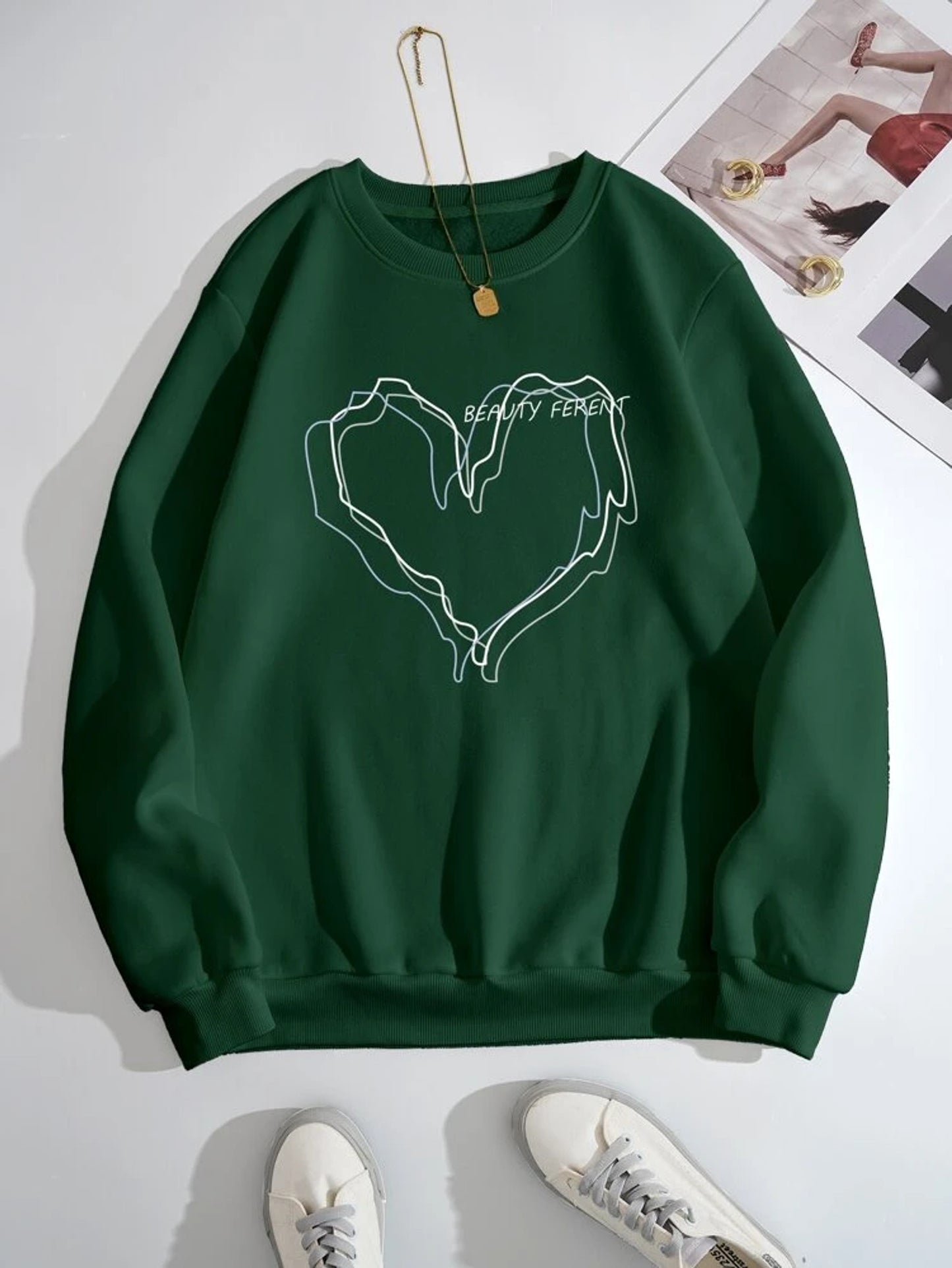 Fifth Avenue DIFT726 Heart Outline Printed Sweatshirt - Green