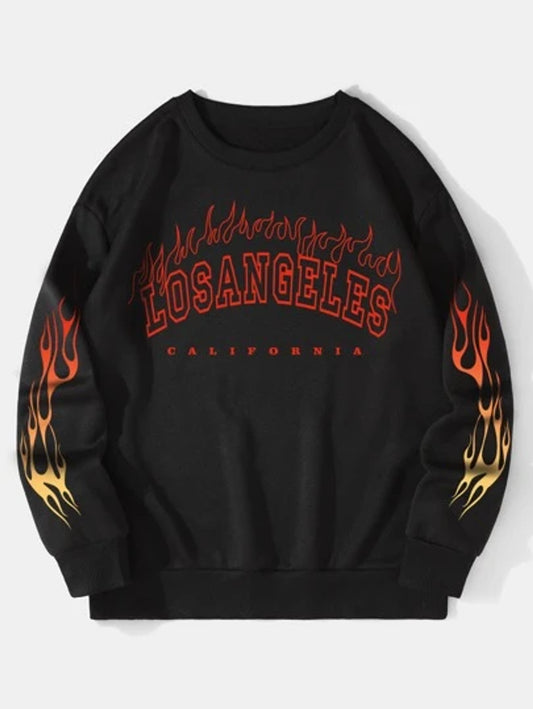 Fifth Avenue DIFT728 Los Angeles Flame Sleeve Printed Sweatshirt - Black