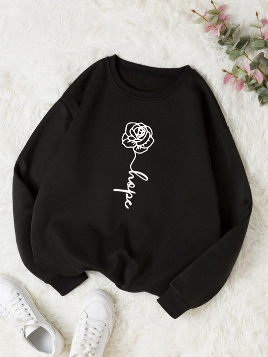 Fifth Avenue DIFT779 Floral Text Printed Sweatshirt - Black