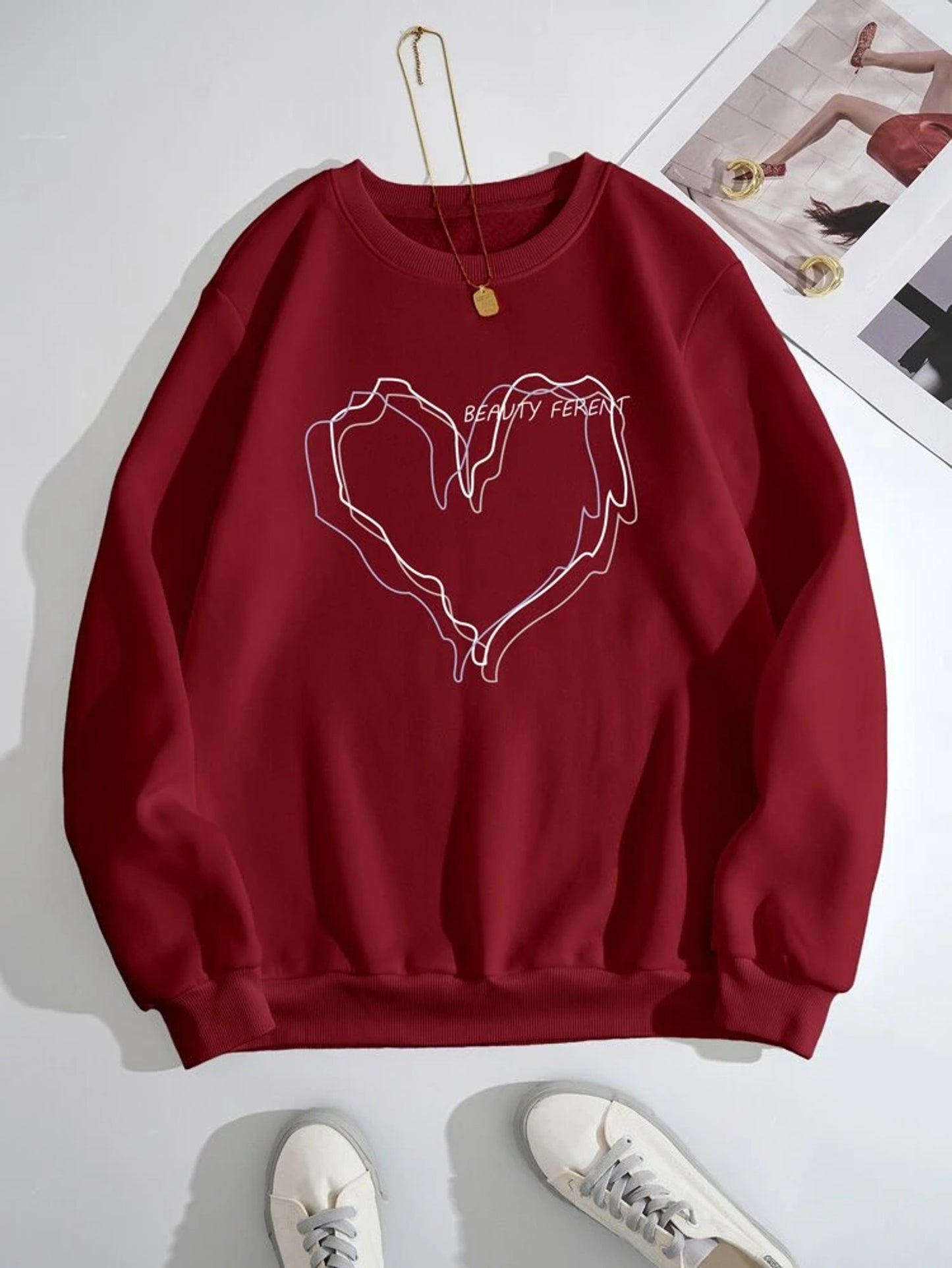 Fifth Avenue DIFT726 Heart Outline Printed Sweatshirt - Maroon