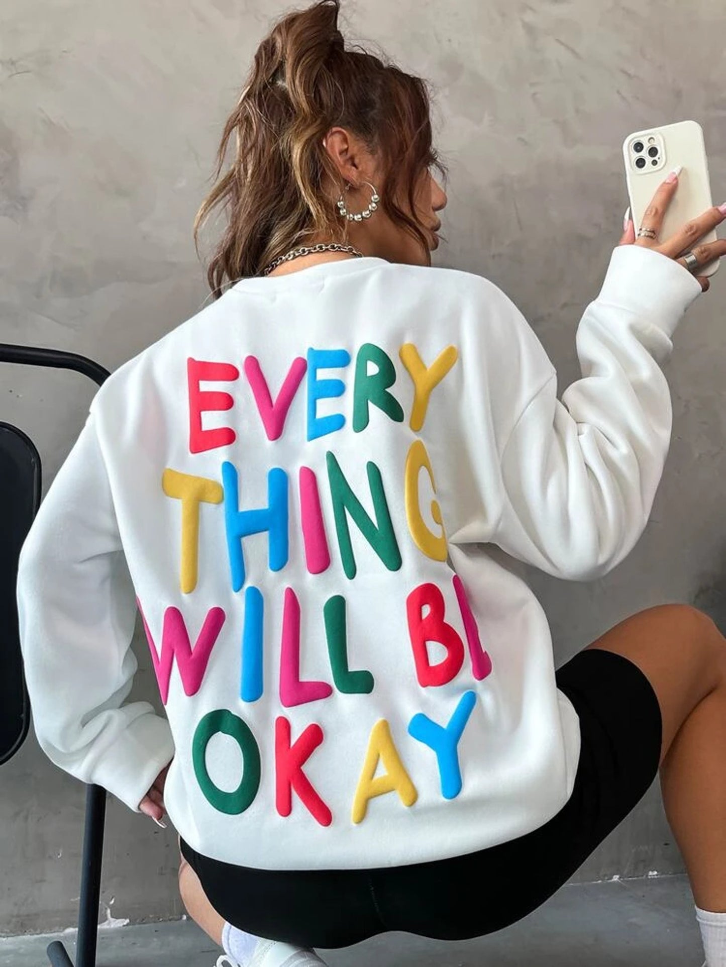 Fifth Avenue DIFT772 Everything Will Be Ok Printed Sweatshirt - White