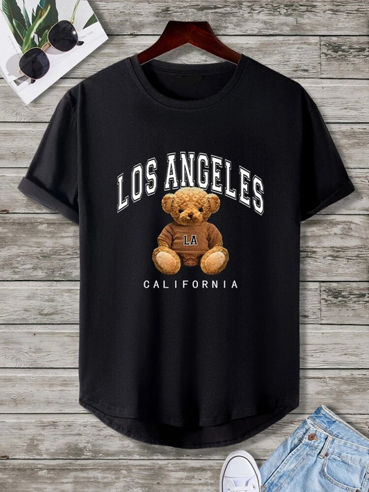 Fifth Avenue Los Angeles Bear Printed MIFT381 AOKI Dip Hem T-Shirt - Black