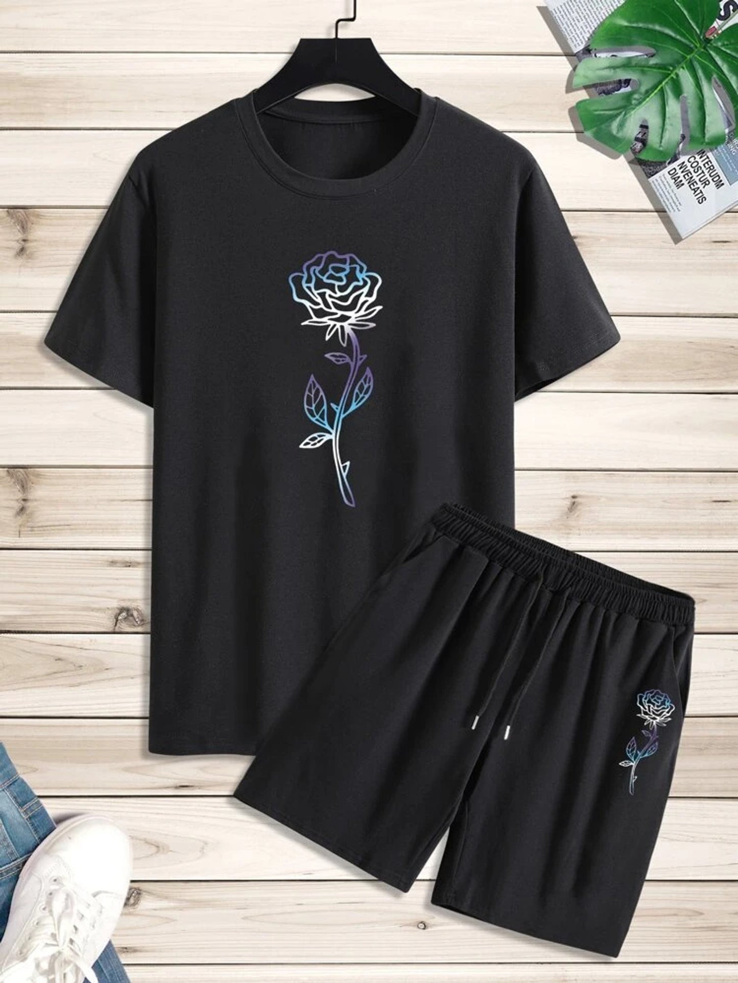 Mens Summer Printed Co Ord Set by Fifth Avenue MSFACSS49 - Black Black