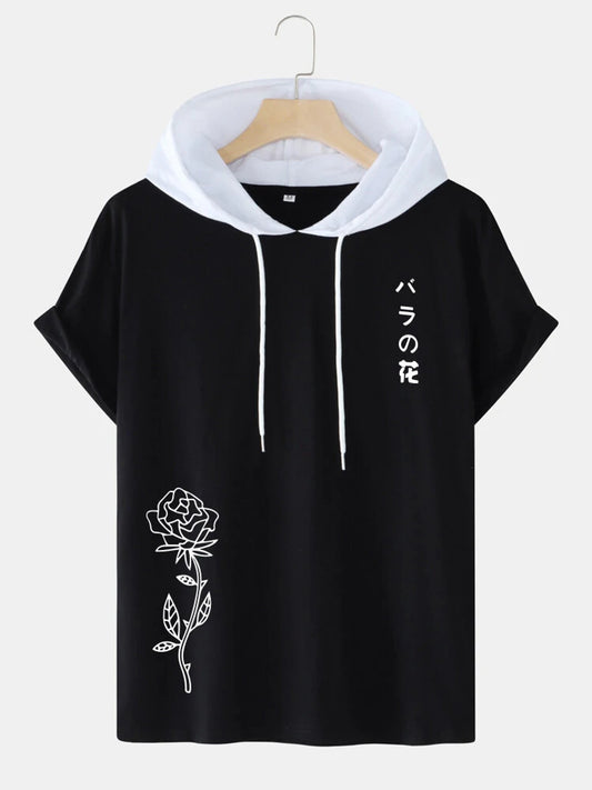 Fifth Avenue Floral Text Print MIFT433 Hooded ROKA T-Shirt - Black White