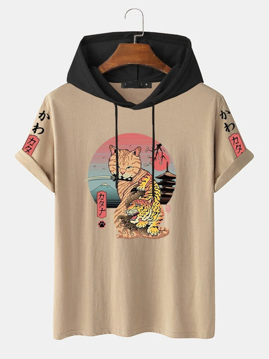 Fifth Avenue Japanese Cat Print MIFT424 Hooded ROKA T-Shirt - Cream Black