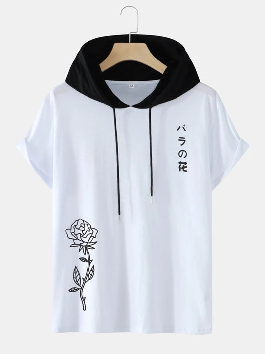 Fifth Avenue Floral Text Print MIFT433 Hooded ROKA T-Shirt - White Black