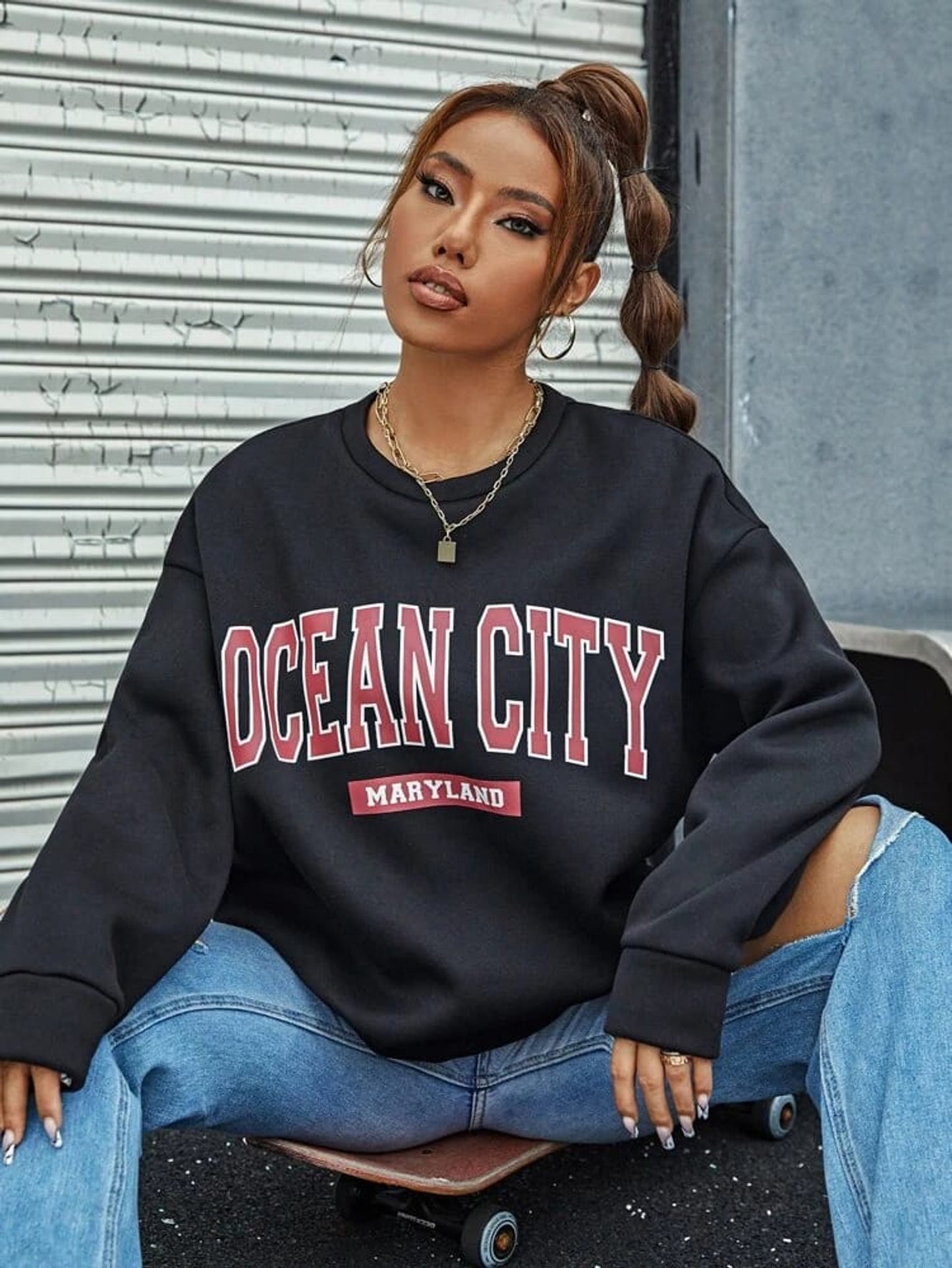 Fifth Avenue DIFT331 Ocean City Printed Sweatshirt - Black