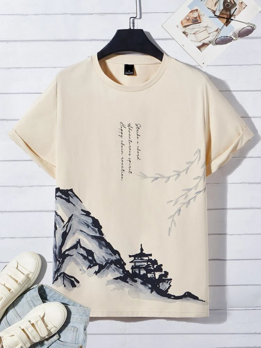 Fifth Avenue Mountain Printed MIFT407 T-Shirt - Cream