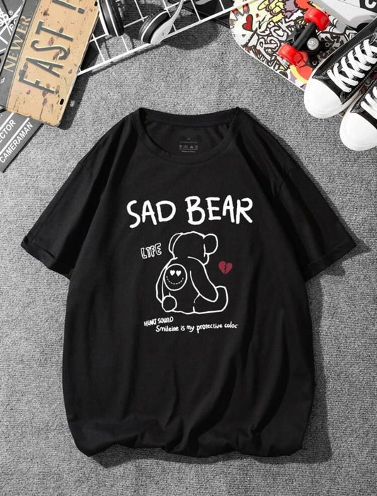 Fifth Avenue Sad Bear Printed MIFT79 T-Shirt - Black