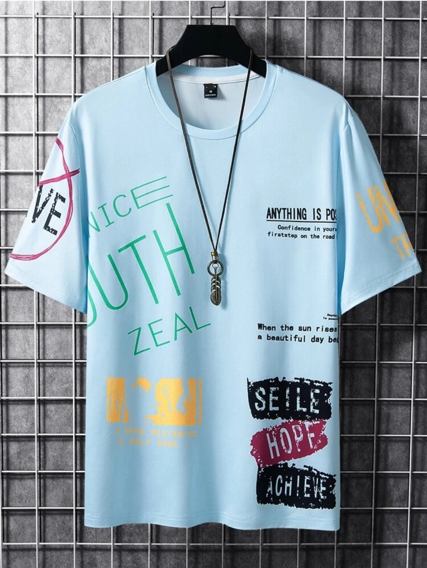 Fifth Avenue Stickers Slogan Printed MIFT75 T-Shirt - Light Blue