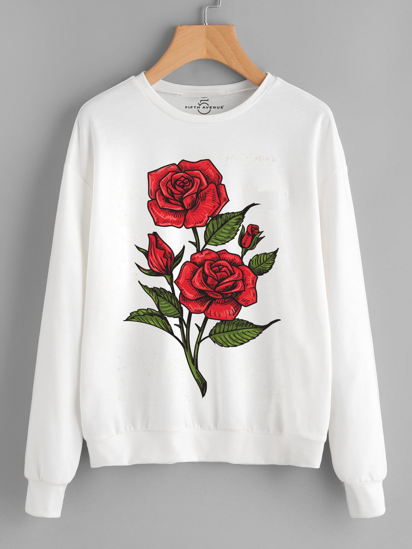 Fifth Avenue Floral Rose Stem Printed Sweatshirt - White