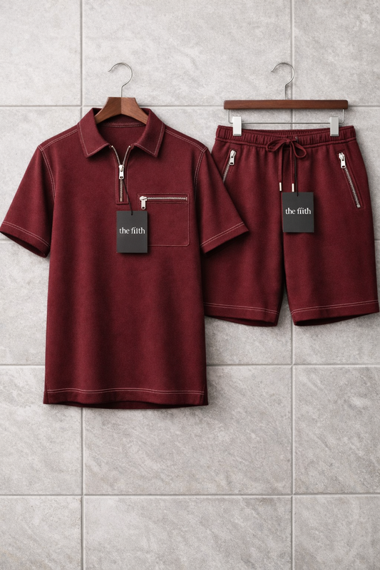 Fifth Avenue Mens Zip Polo Shorts Set - FAMSPSET3 - Maroon