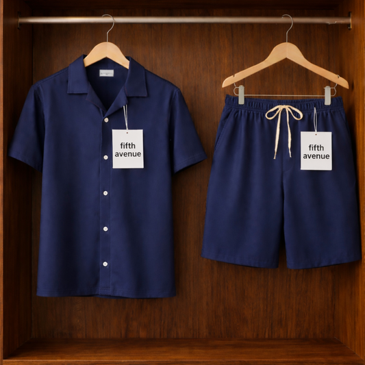 Fifth Avenue Mens Button Up Knitted Cuban Shirt Shorts Set FABUCTSSS2 - Navy Blue