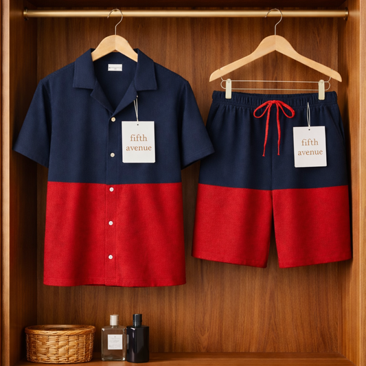 Fifth Avenue Mens Button Up Knitted Cuban Shirt Shorts Set FABUCTSSS1 - Navy Blue Red