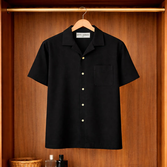 Fifth Avenue Mens Button Up Knitted Cuban Pocket Shirt FABUKCS3 - Black