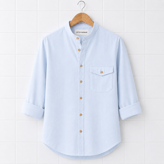 Fifth Avenue Mens Cotton Button Up Pocket Shirt FAMBUSH2 - Light Blue