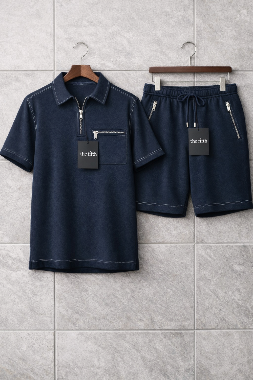 Fifth Avenue Mens Zip Polo Shorts Set - FAMSPSET2 - Navy Blue